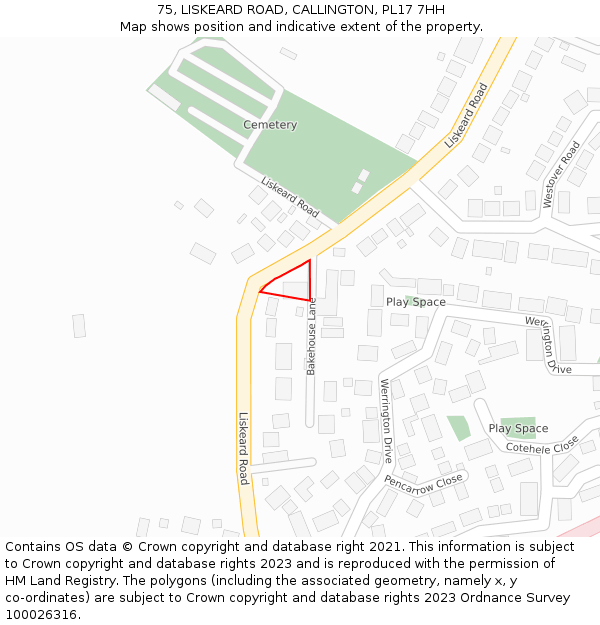 75, LISKEARD ROAD, CALLINGTON, PL17 7HH: Location map and indicative extent of plot