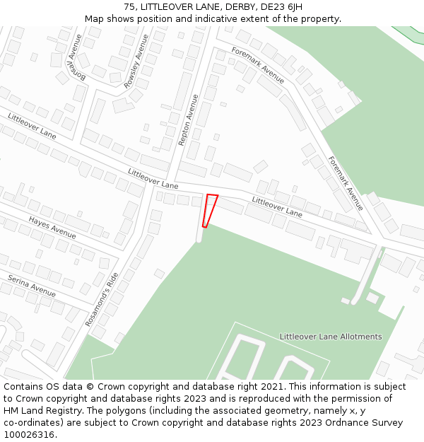 75, LITTLEOVER LANE, DERBY, DE23 6JH: Location map and indicative extent of plot