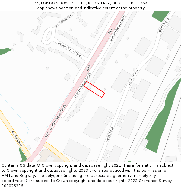 75, LONDON ROAD SOUTH, MERSTHAM, REDHILL, RH1 3AX: Location map and indicative extent of plot