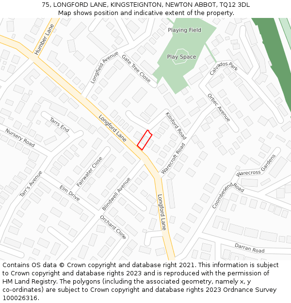 75, LONGFORD LANE, KINGSTEIGNTON, NEWTON ABBOT, TQ12 3DL: Location map and indicative extent of plot