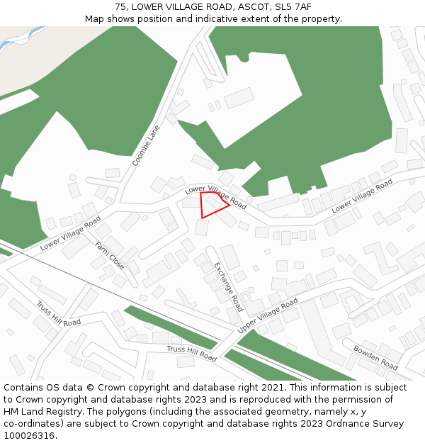 75, LOWER VILLAGE ROAD, ASCOT, SL5 7AF: Location map and indicative extent of plot