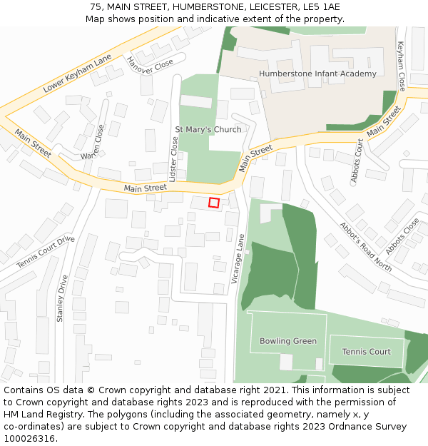 75, MAIN STREET, HUMBERSTONE, LEICESTER, LE5 1AE: Location map and indicative extent of plot