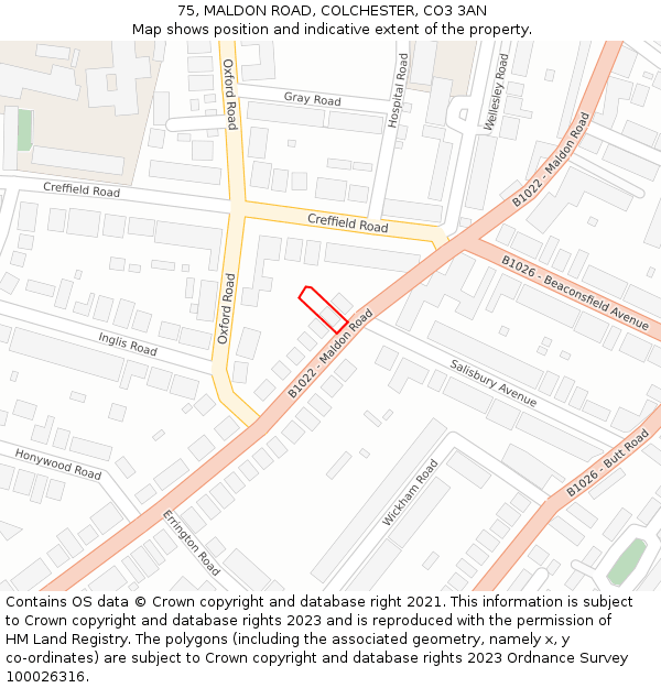 75, MALDON ROAD, COLCHESTER, CO3 3AN: Location map and indicative extent of plot