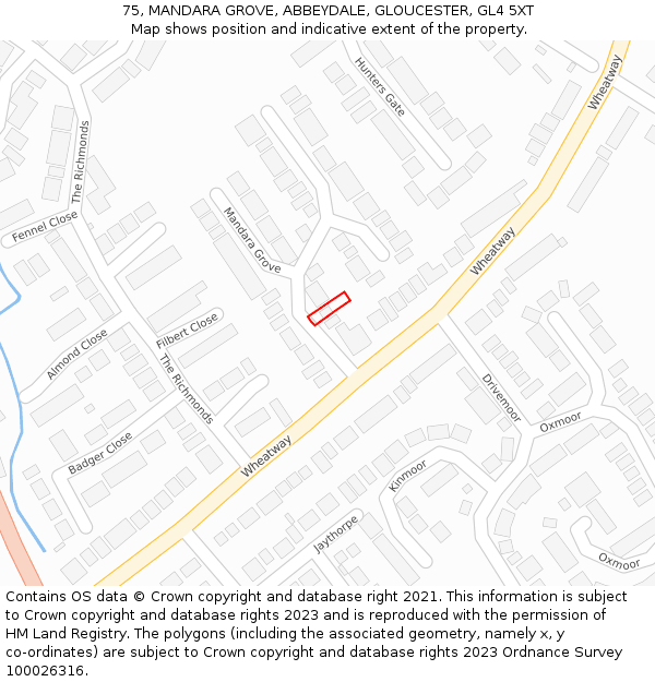 75, MANDARA GROVE, ABBEYDALE, GLOUCESTER, GL4 5XT: Location map and indicative extent of plot