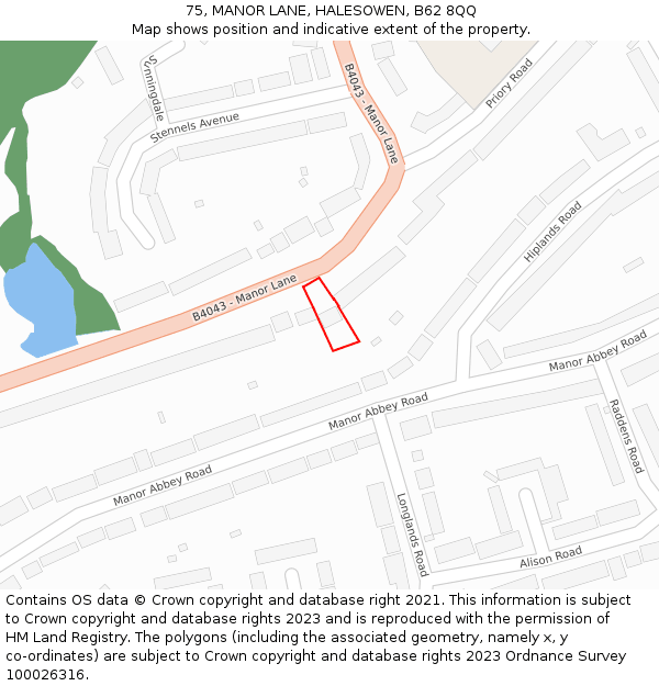 75, MANOR LANE, HALESOWEN, B62 8QQ: Location map and indicative extent of plot