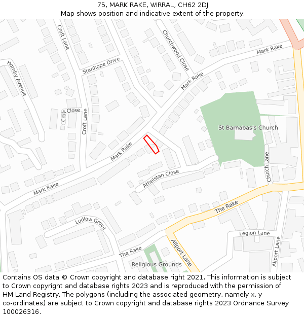 75, MARK RAKE, WIRRAL, CH62 2DJ: Location map and indicative extent of plot