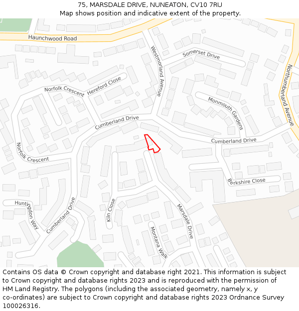 75, MARSDALE DRIVE, NUNEATON, CV10 7RU: Location map and indicative extent of plot