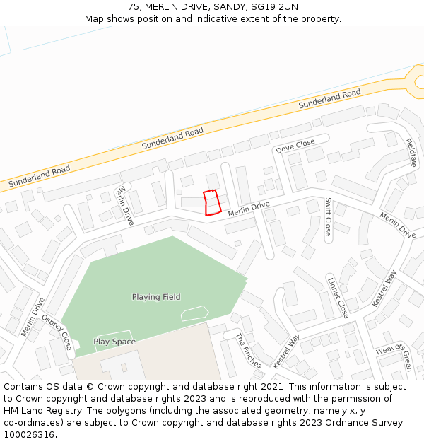 75, MERLIN DRIVE, SANDY, SG19 2UN: Location map and indicative extent of plot