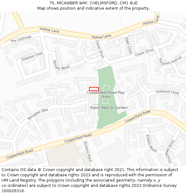 75, MICAWBER WAY, CHELMSFORD, CM1 4UE: Location map and indicative extent of plot