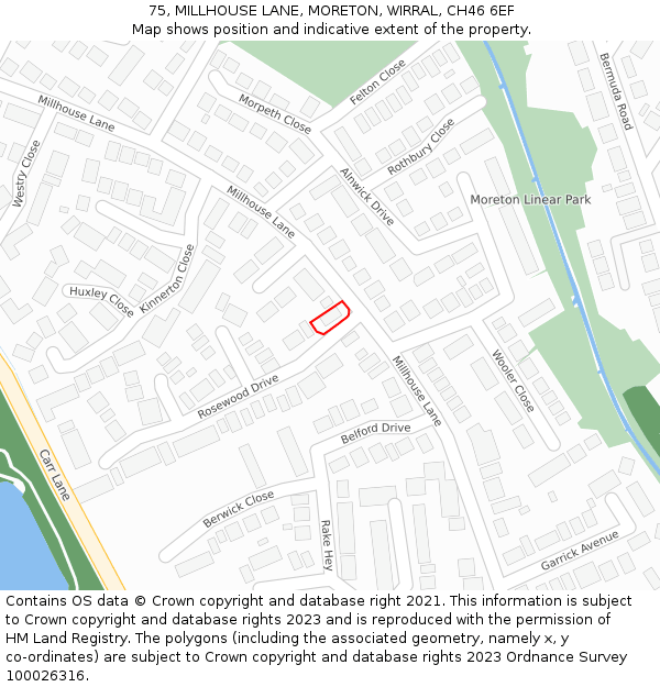 75, MILLHOUSE LANE, MORETON, WIRRAL, CH46 6EF: Location map and indicative extent of plot