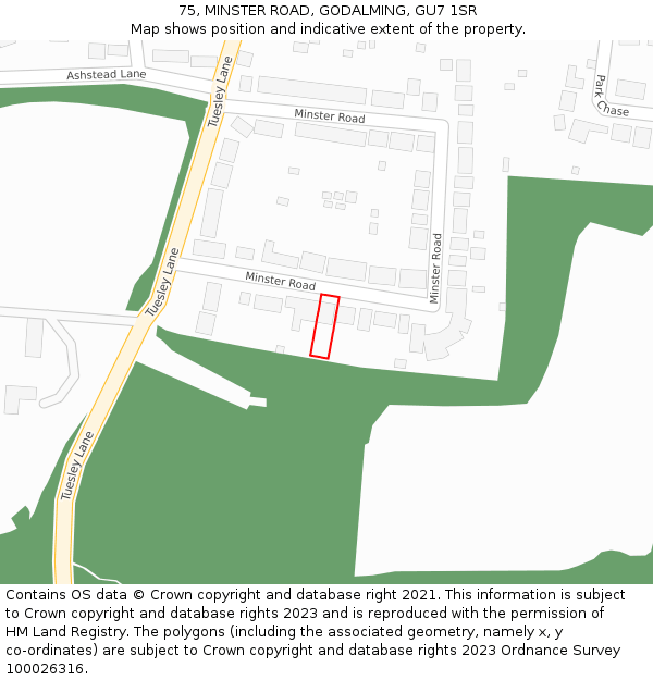 75, MINSTER ROAD, GODALMING, GU7 1SR: Location map and indicative extent of plot