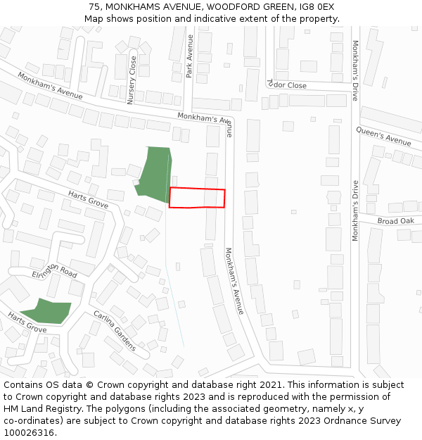 75, MONKHAMS AVENUE, WOODFORD GREEN, IG8 0EX: Location map and indicative extent of plot