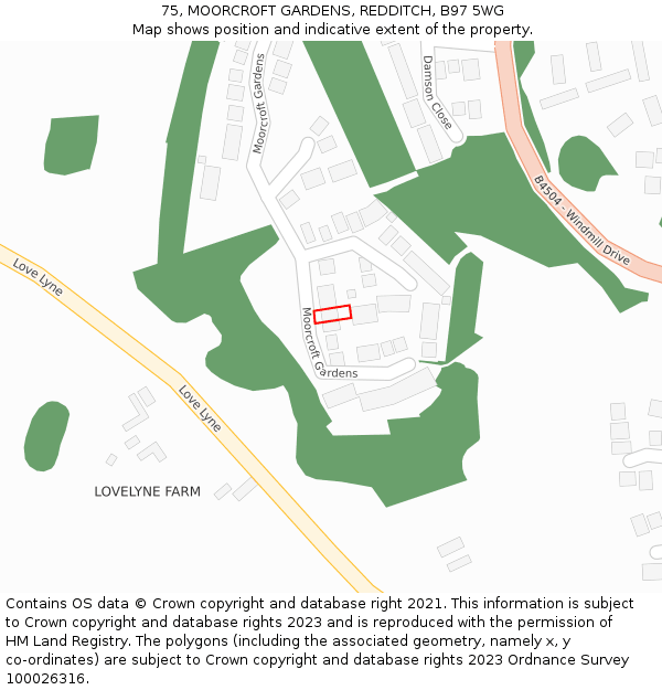 75, MOORCROFT GARDENS, REDDITCH, B97 5WG: Location map and indicative extent of plot