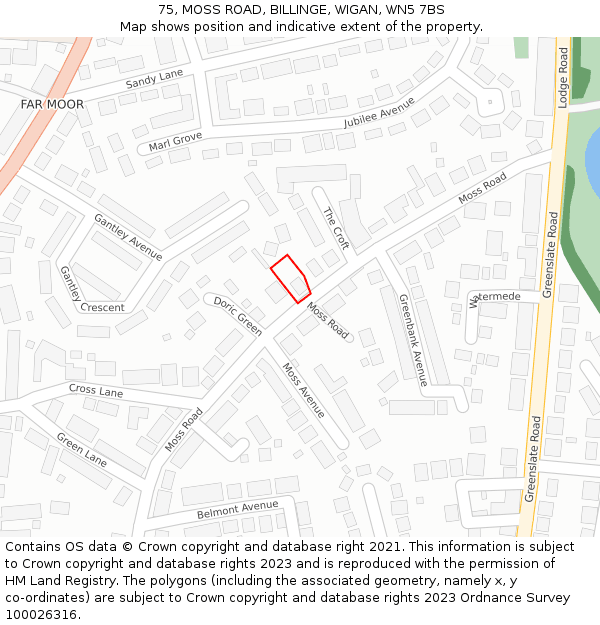 75, MOSS ROAD, BILLINGE, WIGAN, WN5 7BS: Location map and indicative extent of plot