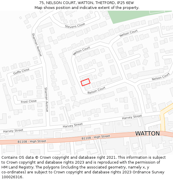 75, NELSON COURT, WATTON, THETFORD, IP25 6EW: Location map and indicative extent of plot