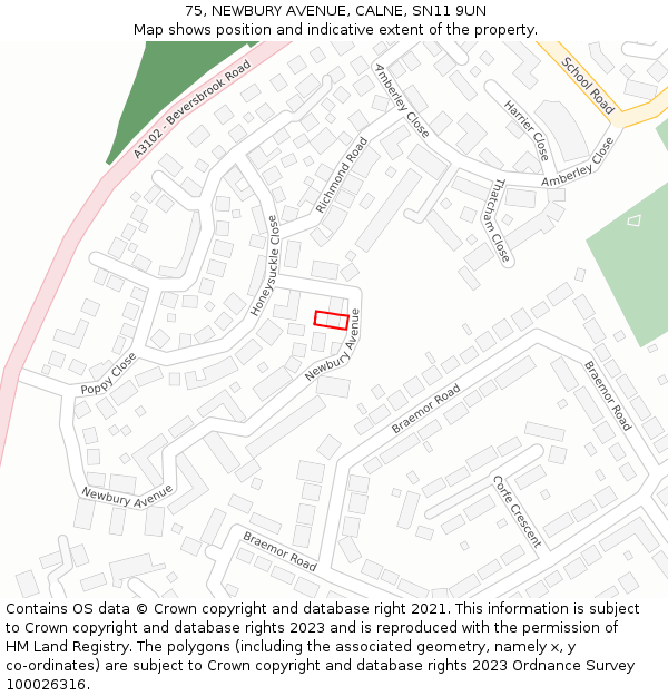 75, NEWBURY AVENUE, CALNE, SN11 9UN: Location map and indicative extent of plot