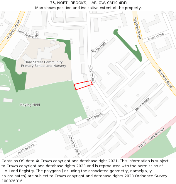 75, NORTHBROOKS, HARLOW, CM19 4DB: Location map and indicative extent of plot