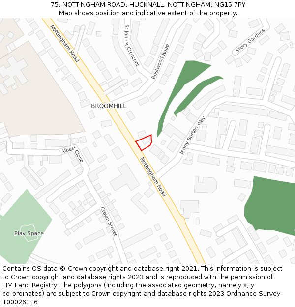 75, NOTTINGHAM ROAD, HUCKNALL, NOTTINGHAM, NG15 7PY: Location map and indicative extent of plot