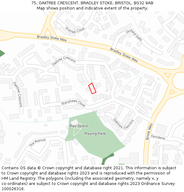 75, OAKTREE CRESCENT, BRADLEY STOKE, BRISTOL, BS32 9AB: Location map and indicative extent of plot