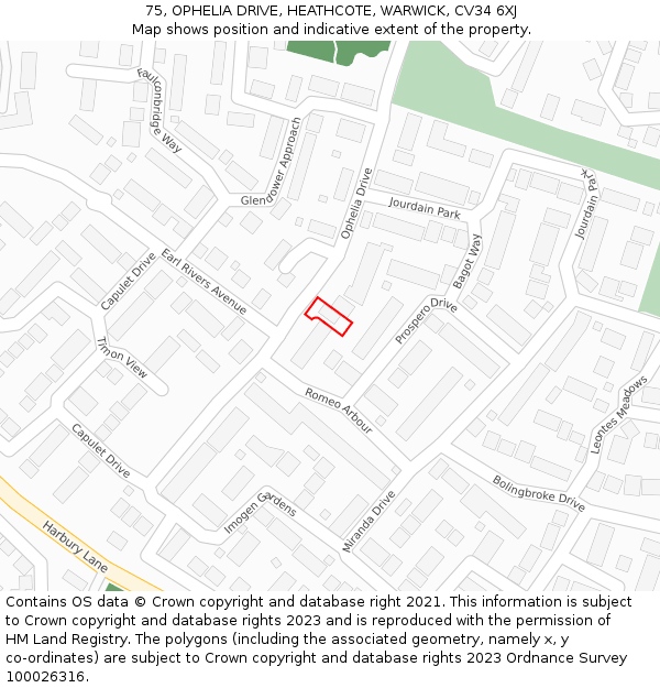 75, OPHELIA DRIVE, HEATHCOTE, WARWICK, CV34 6XJ: Location map and indicative extent of plot