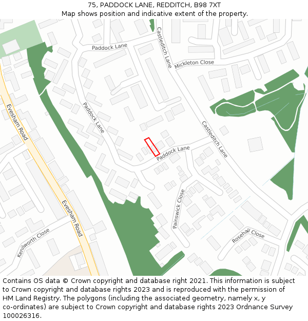 75, PADDOCK LANE, REDDITCH, B98 7XT: Location map and indicative extent of plot