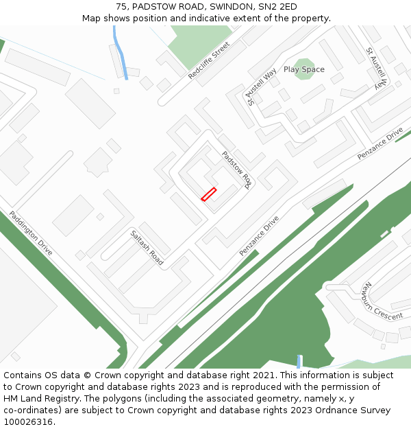 75, PADSTOW ROAD, SWINDON, SN2 2ED: Location map and indicative extent of plot