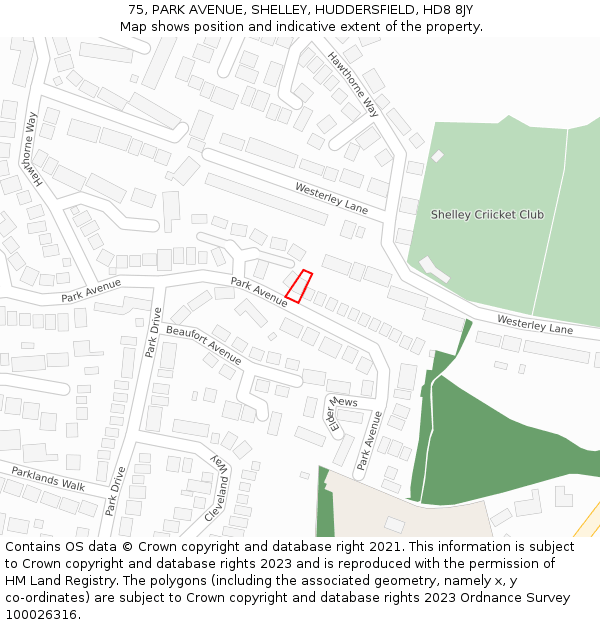 75, PARK AVENUE, SHELLEY, HUDDERSFIELD, HD8 8JY: Location map and indicative extent of plot