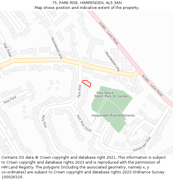 75, PARK RISE, HARPENDEN, AL5 3AN: Location map and indicative extent of plot