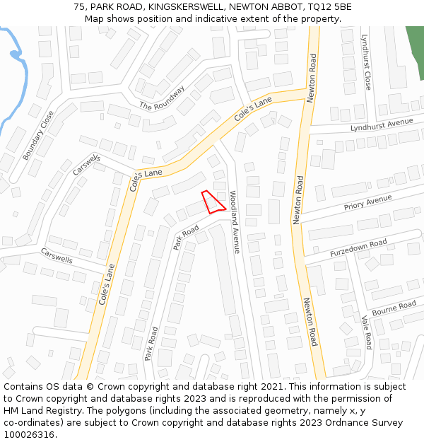 75, PARK ROAD, KINGSKERSWELL, NEWTON ABBOT, TQ12 5BE: Location map and indicative extent of plot