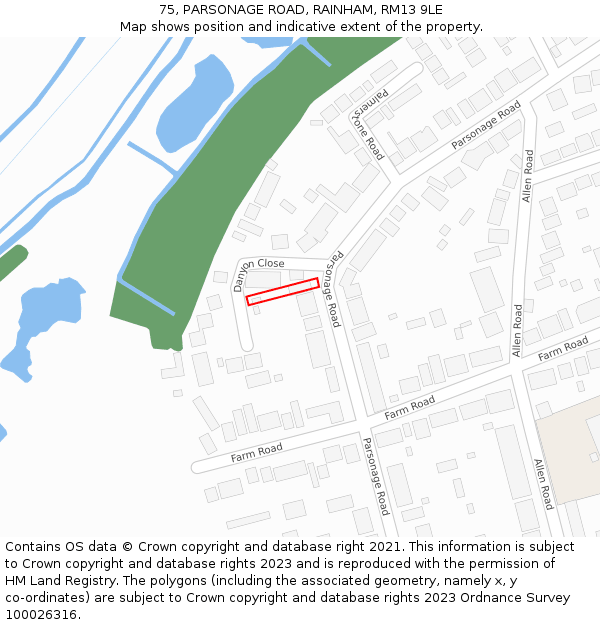 75, PARSONAGE ROAD, RAINHAM, RM13 9LE: Location map and indicative extent of plot