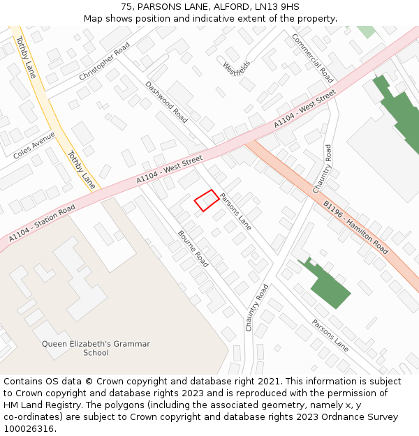 75, PARSONS LANE, ALFORD, LN13 9HS: Location map and indicative extent of plot