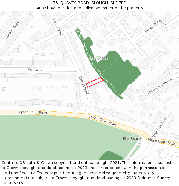 75, QUAVES ROAD, SLOUGH, SL3 7PD: Location map and indicative extent of plot