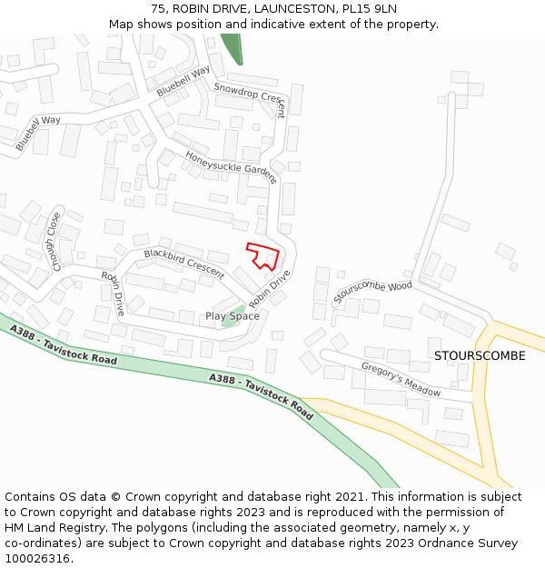 75, ROBIN DRIVE, LAUNCESTON, PL15 9LN: Location map and indicative extent of plot