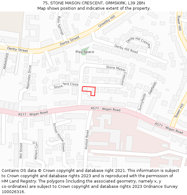 75, STONE MASON CRESCENT, ORMSKIRK, L39 2BN: Location map and indicative extent of plot