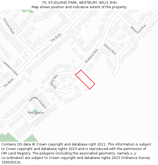 75, STUDLAND PARK, WESTBURY, BA13 3HN: Location map and indicative extent of plot