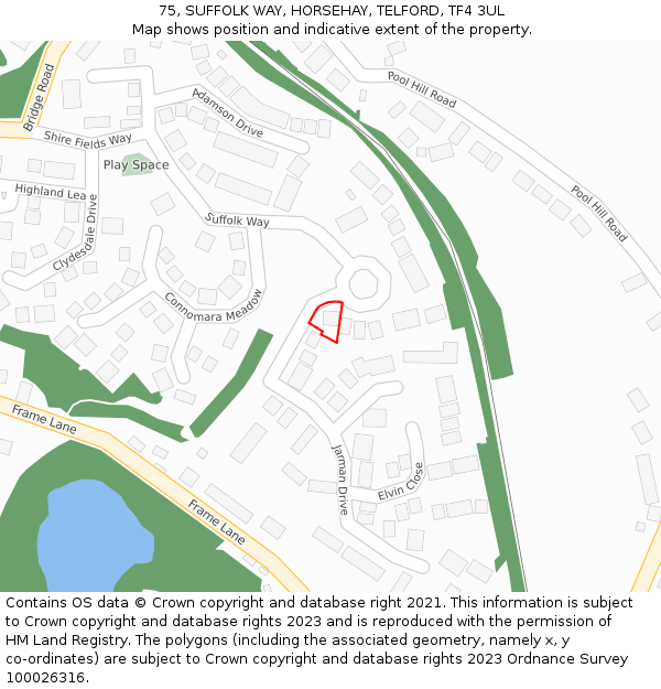 75, SUFFOLK WAY, HORSEHAY, TELFORD, TF4 3UL: Location map and indicative extent of plot