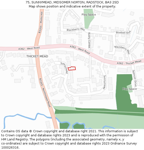 75, SUNNYMEAD, MIDSOMER NORTON, RADSTOCK, BA3 2SD: Location map and indicative extent of plot