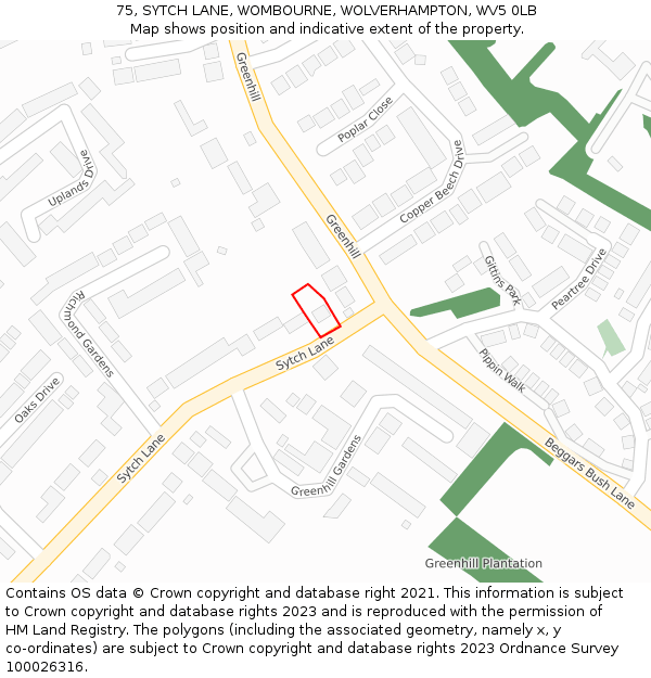 75, SYTCH LANE, WOMBOURNE, WOLVERHAMPTON, WV5 0LB: Location map and indicative extent of plot