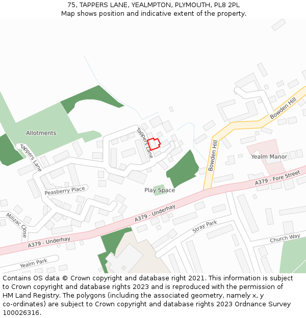 75, TAPPERS LANE, YEALMPTON, PLYMOUTH, PL8 2PL: Location map and indicative extent of plot