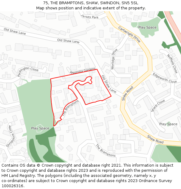 75, THE BRAMPTONS, SHAW, SWINDON, SN5 5SL: Location map and indicative extent of plot