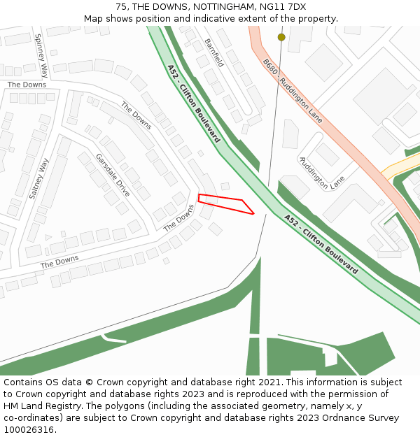 75, THE DOWNS, NOTTINGHAM, NG11 7DX: Location map and indicative extent of plot