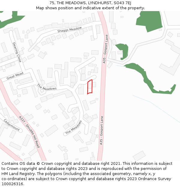 75, THE MEADOWS, LYNDHURST, SO43 7EJ: Location map and indicative extent of plot