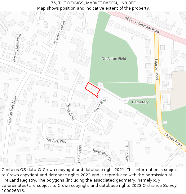 75, THE RIDINGS, MARKET RASEN, LN8 3EE: Location map and indicative extent of plot