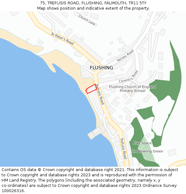 75, TREFUSIS ROAD, FLUSHING, FALMOUTH, TR11 5TY: Location map and indicative extent of plot