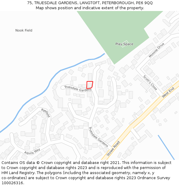 75, TRUESDALE GARDENS, LANGTOFT, PETERBOROUGH, PE6 9QQ: Location map and indicative extent of plot