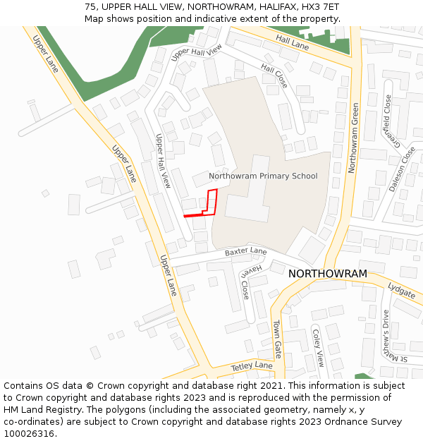 75, UPPER HALL VIEW, NORTHOWRAM, HALIFAX, HX3 7ET: Location map and indicative extent of plot