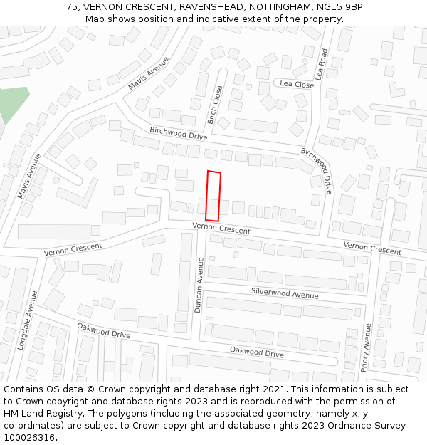 75, VERNON CRESCENT, RAVENSHEAD, NOTTINGHAM, NG15 9BP: Location map and indicative extent of plot
