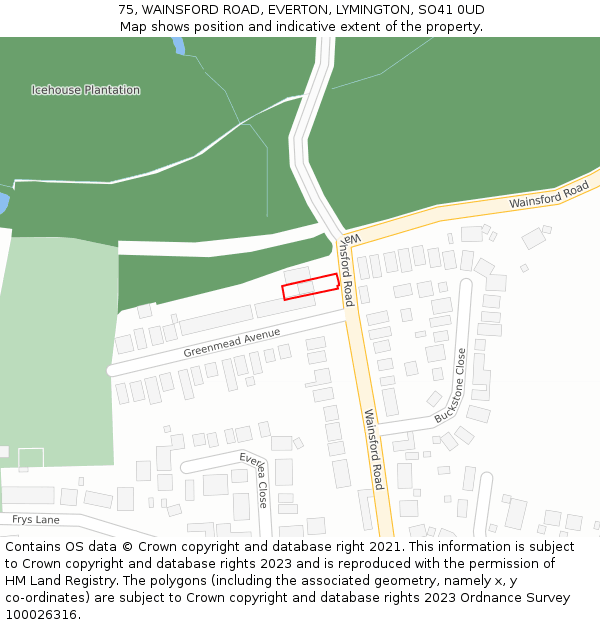 75, WAINSFORD ROAD, EVERTON, LYMINGTON, SO41 0UD: Location map and indicative extent of plot