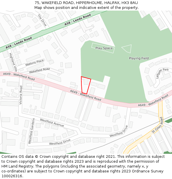 75, WAKEFIELD ROAD, HIPPERHOLME, HALIFAX, HX3 8AU: Location map and indicative extent of plot