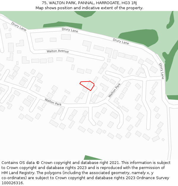 75, WALTON PARK, PANNAL, HARROGATE, HG3 1RJ: Location map and indicative extent of plot